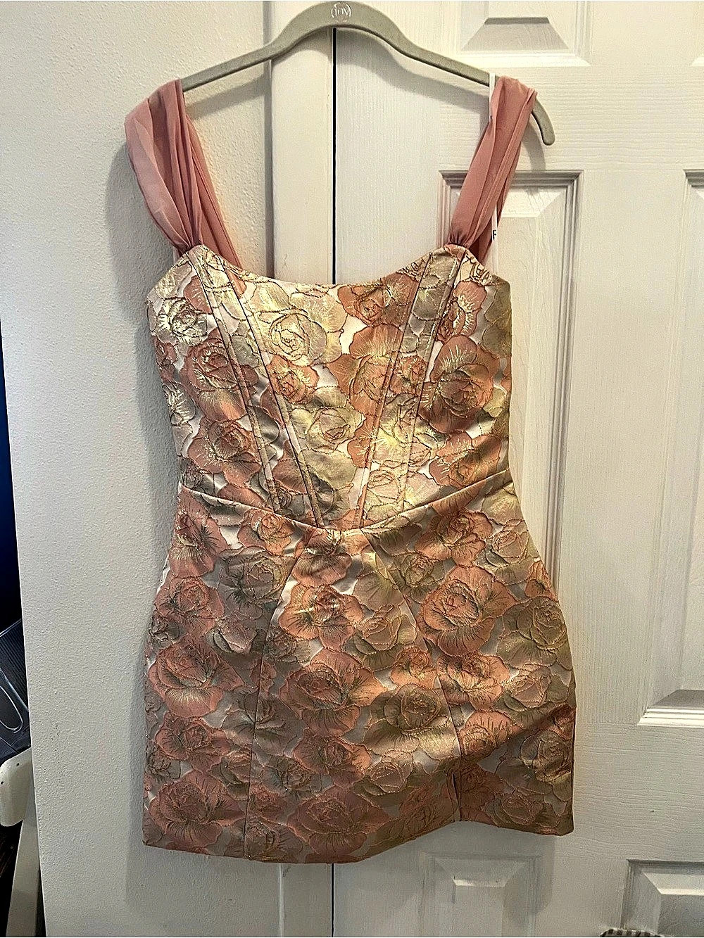 Lulus Pass the Champagne Gold and Pink Brocade Dress Pink & Gold Large
